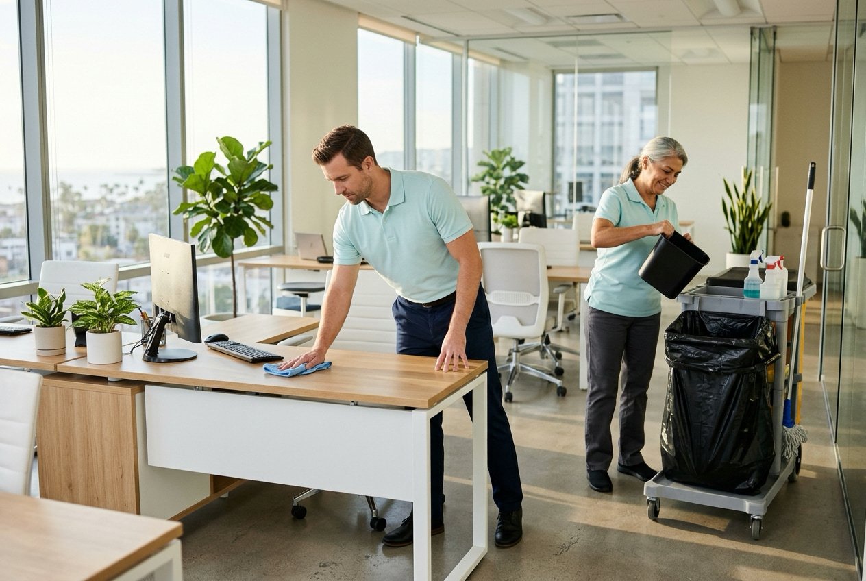 Two cleaners work through a sunny open-plan office, one wiping down a desk while the other empties a bin into a cart.