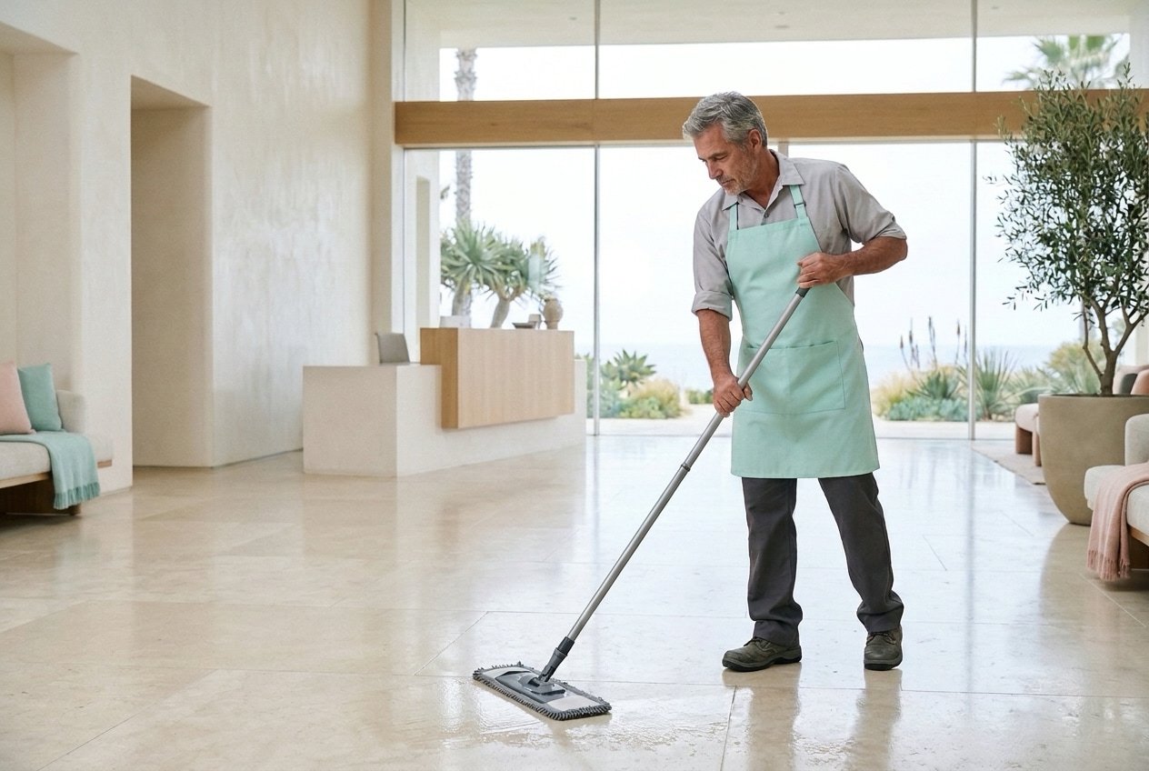 A janitorial cleaner in an aqua apron mops the polished stone floor of a sunlit lobby with tall windows.