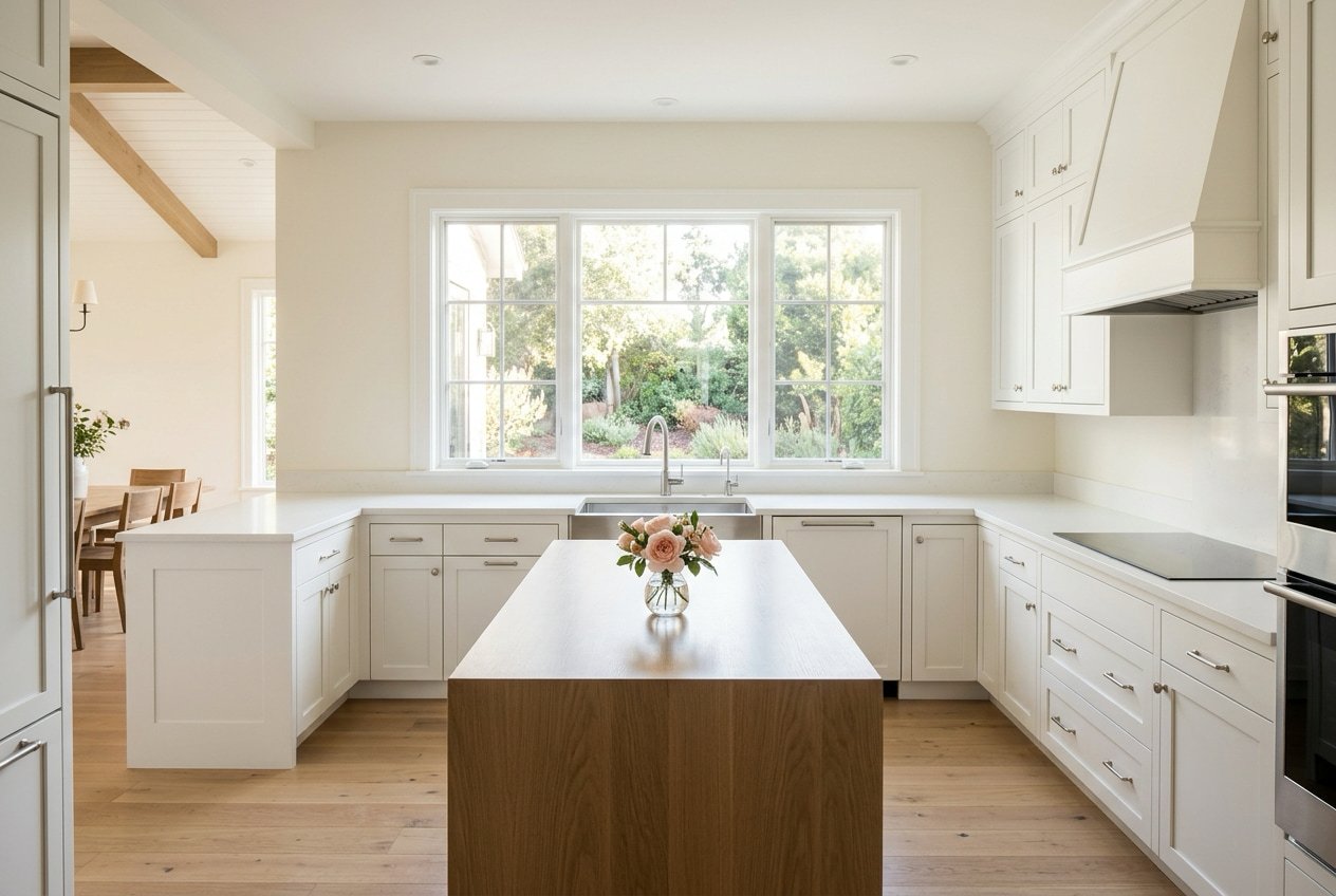 A spotless white kitchen with an oak island, a small vase of pink roses and a garden view through the window.