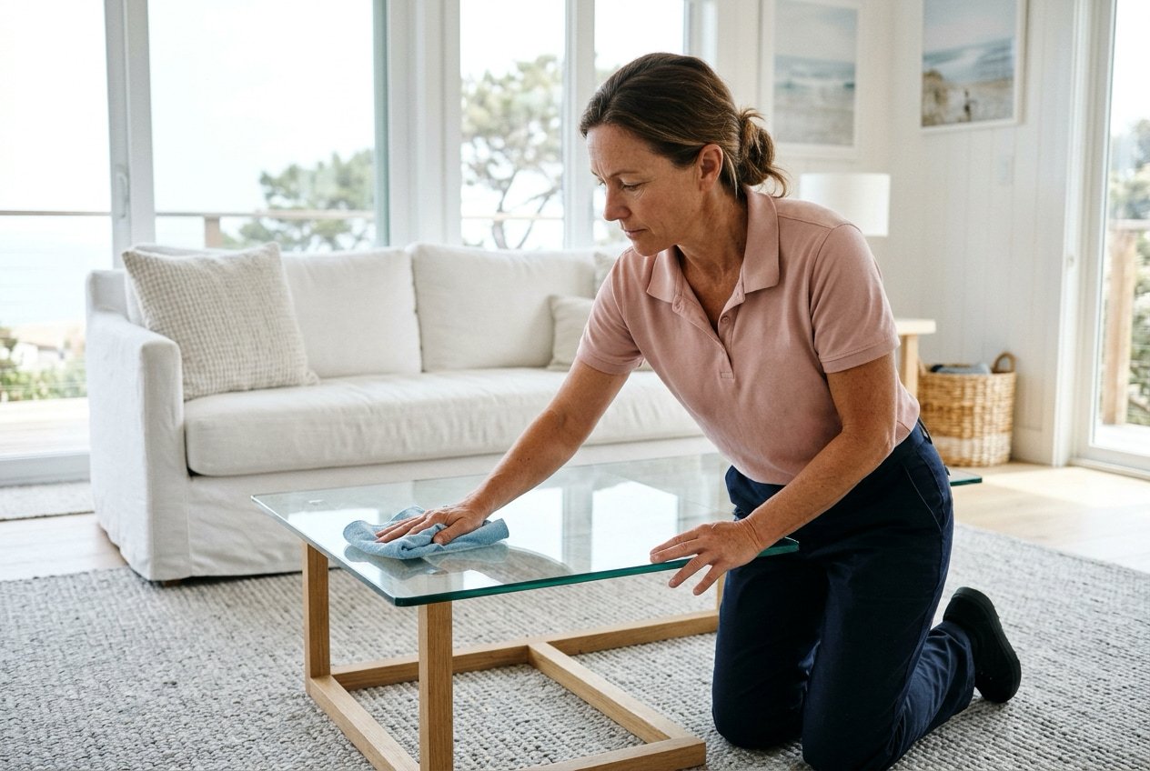 A house cleaner kneels to wipe a glass coffee table in a bright living room with a white linen sofa.